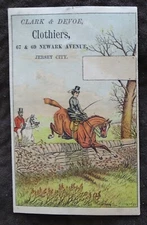 Jersey City 1880's Trade Card - Clarke & Devoe Clothiers, Newark Ave. Equestrian