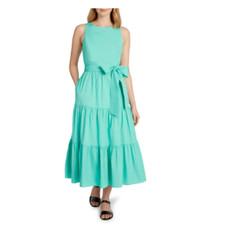 TAHARI ASL Turquoise Tiered Pleated Stretch Cotton Poplin Tie Back Belt Dress 14