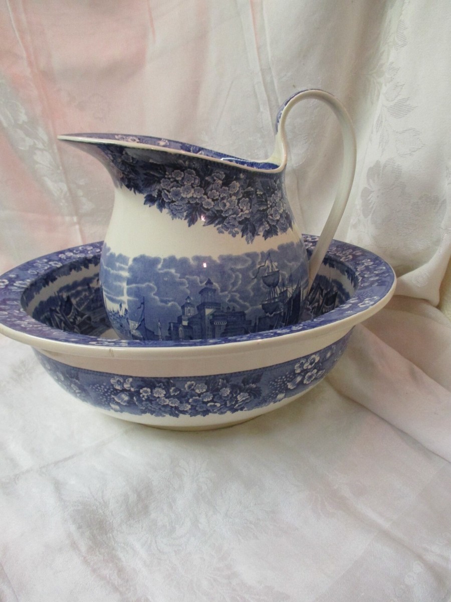 Vintage England Wedgwood blue white large Pitcher & Wash Bowl