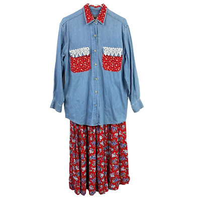 Vintage Creative Hands Upper West Side Floral Skirt Denim Shirt Outfit Medium