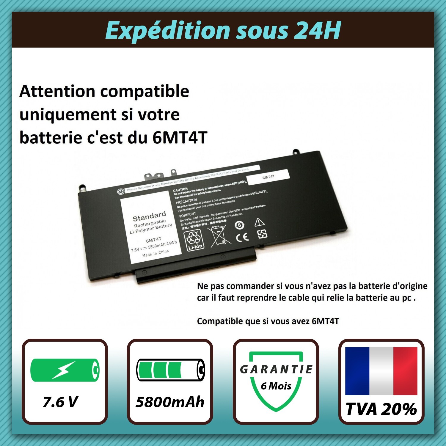 Batterie 6MT4T Dell Latitude E5570 E5470 TXF9M Remplacement Interne Anti-Coupure