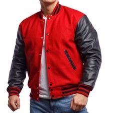 Varsity Base Letterman Baseball Jacket Red Wool Black Leather Sleeves Small