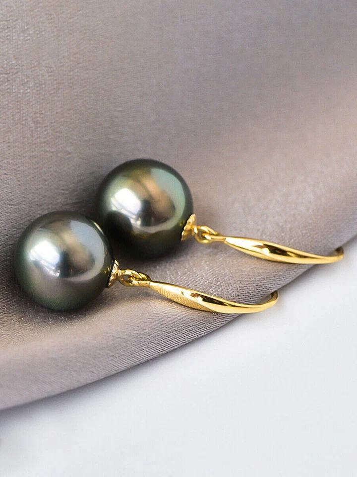 AAAA 10-11mm Redondo Mar del Sur Natural Negro Perla Pendiente Gota Oro Amarillo 14k Foto 2 de 3