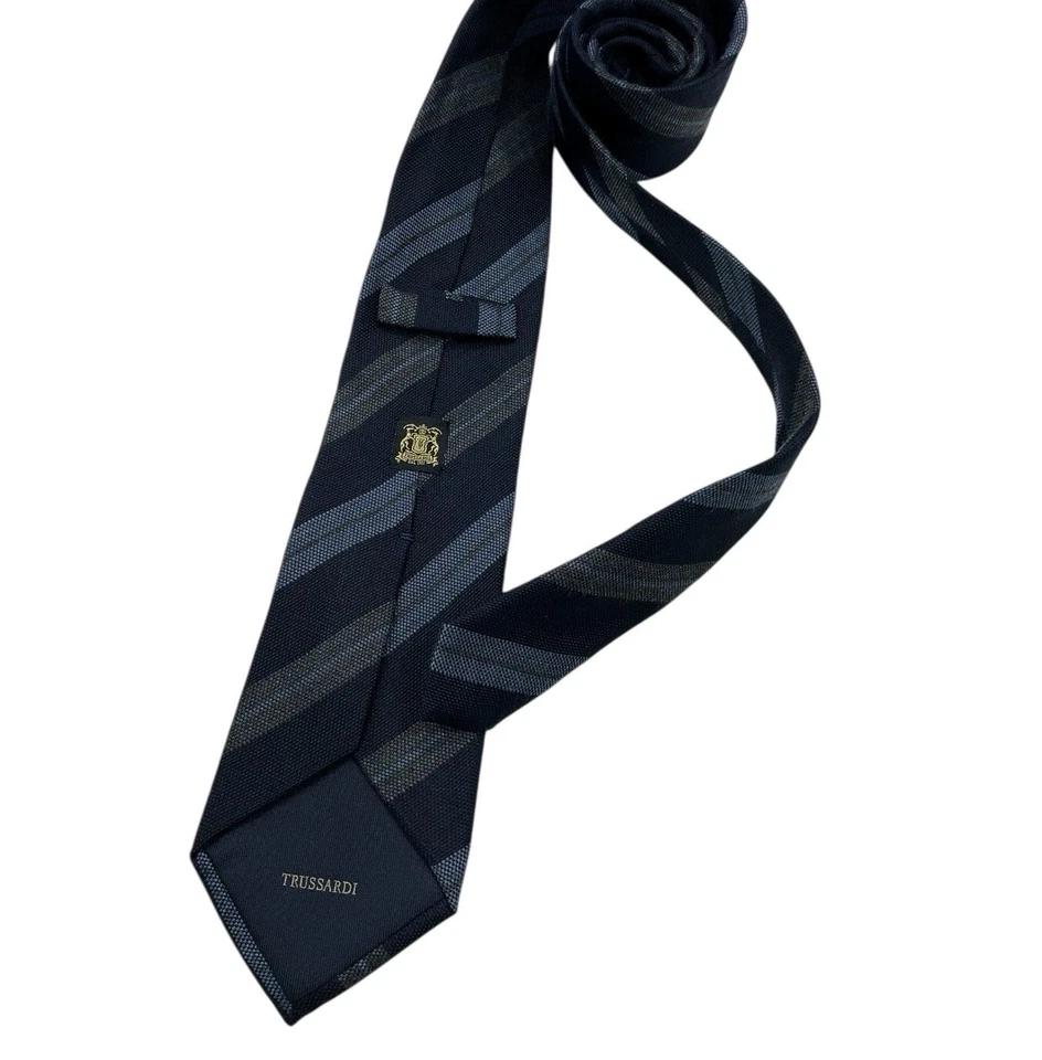 TRUSSARDI Navy/Blue/Gray Striped Wool Blend LUXURY Tie ITALY - Image 2 of 4