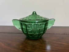 Akro Agate  Large Green Glass Interior Panel  Stacked Disc Sugar  Lid