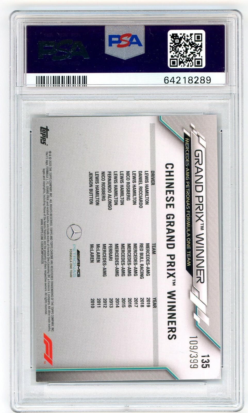 2020 Topps Chrome F1 Purple Refractor #135 Lewis Hamilton 109/399 PSA 9 POP 6!!! view 2