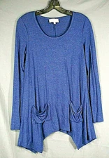 JOAN VASS Jersey Knit SLOUCHY POCKETS Blue Tunic Top/Blouse ASYMMETRIC HEM sz XS