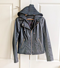 Guess Leather Moto Jacket Women M Black Detachable Knit Hood Quilted Biker Coat