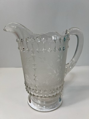 Antique 1800 s  Findlay Flint Pressed Glass Water Pitcher Forget Me Knot EAPG