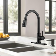 Stainless Black Kitchen Sink Faucet Single Handle Swivel Pull Down Sprayer Mixer