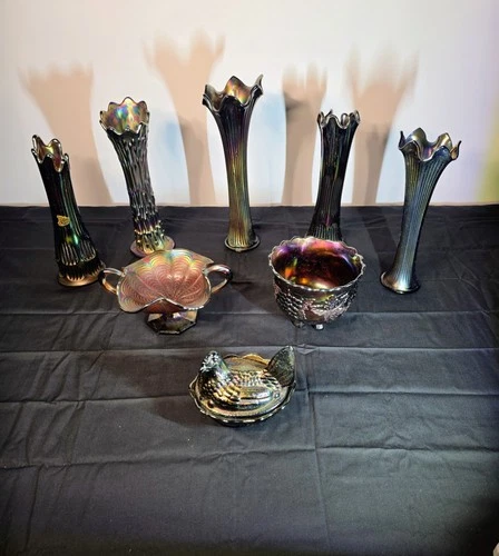 Fluted Carnival Glass Lot Peacock and Fenton Iridescent Sheen