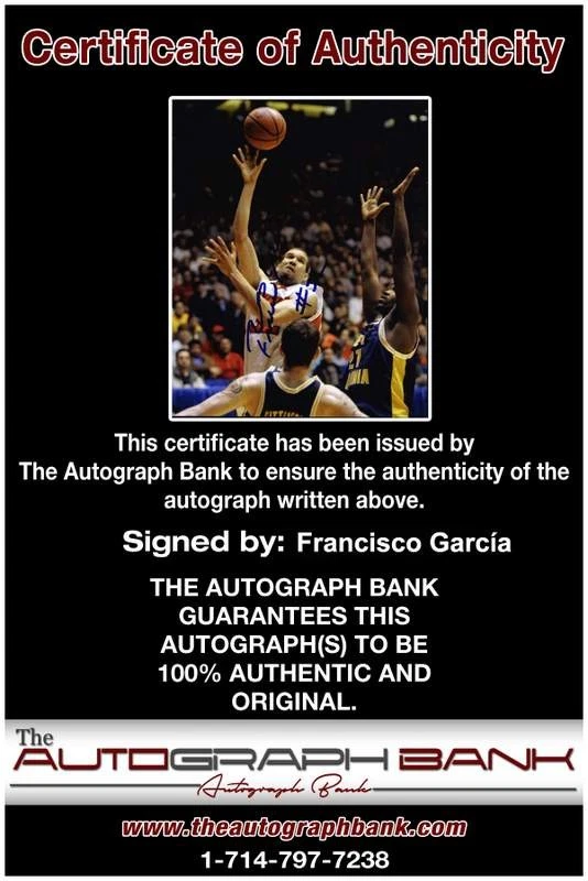 Foto firmada por Francisco García de baloncesto de la NBA de 8x10 con certificado autografiado 003 Foto 2 de 2