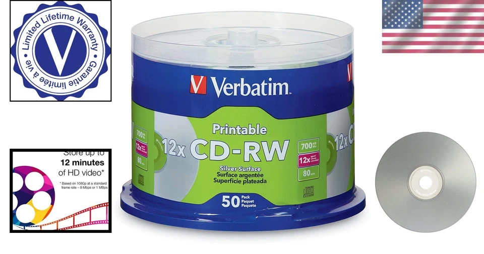 50 Pack CD-RW 700MB 2X-4X Inkjet Printable Discs for Professional Printing - Image 2 of 4