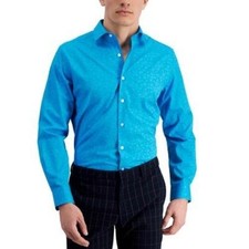 Bar III Dress Shirt Size XL 17/17.5 Blue Slim Fit Stretch Cotton Floral 65
