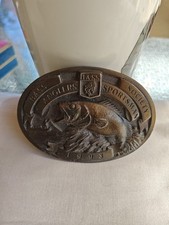 Bass Anglers Society 1993 fish and boat steel oval belt buckle 3" x 2 1/8"