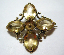 Dulce Broche Victoriano Oro 14K y Corte Ovalado Citrino Prendedor Flor Trébol Cruz