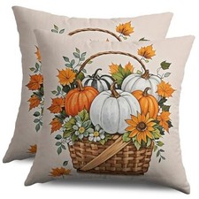 Fall Pillow Covers 18X18 Set of 2, 18" x 18" Pack of 2 Orange White Pumpkin
