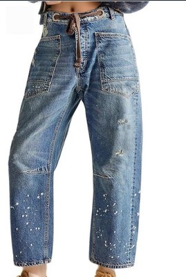 Women's Boyfriend Pull-On Barrel Jeans | Medium Blue Baggy Drawstring Denim Pant