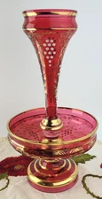 Antique Moser Bohemian Cranberry Glass Epergne Centerpiece Vase Candy Dish 13"
