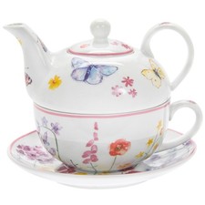 Tea Fo One China  Tea Pot Cup & Saucer Gift Set Butterflies Floral Flowers Home