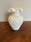Vintage Fenton Hobnail Glass Vase White Milk Glass Ruffled Edge 5 1/2”