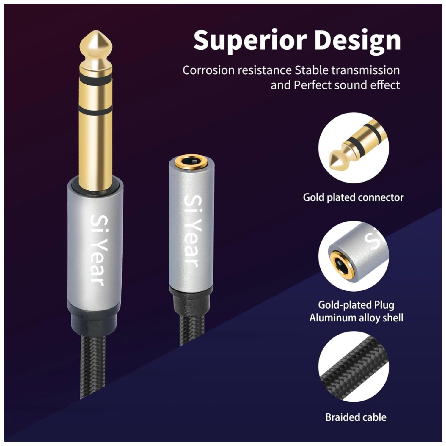 Stereo Jack Extension Cable 6.35mm to 3.5mm 5ft