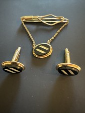 Black Onyx Cuff Links and Matching Tie Tack Set in Gold Tone Vintage