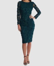 XSCAPE Women's Green Soutache Lace Lined Long-Sleeve Sheath Dress Size 8