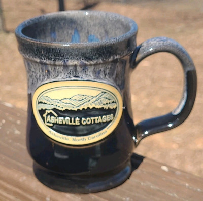 Deneen Pottery Coffee Mug Asheville NC Cottages Blue Drip Glazed Stoneware Cup 