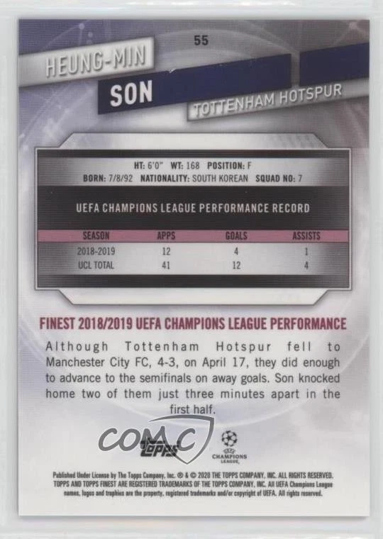2019-20 Topps Finest UCL Green Refractor /99 Heung-Min Son #55 - Image 2 of 2