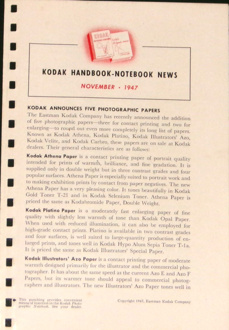Kodak Handbook - Notebook News Novembr 1947 Kodak Papers NF