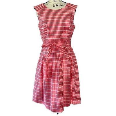 Amanda Lane Red White Geometric Fit Flare Dress Sleeveless Tie Waist Sz 8 NEW