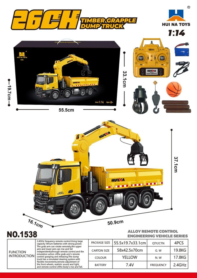 US Stock HUINA 1538 RC 1/14 Timber Grab Dump Truck RTR Car 2.4G 1200MAH Battery - Image 2 of 4