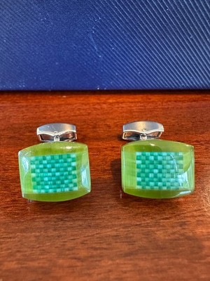Hard To Find! Tateossian Sterling Silver Green Cat's Eye Checkered Cufflinks