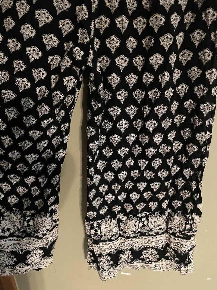 Pantalones para mujer Angie medianos negros beige estampado boho pierna ancha cintura palazzo Foto 4 de 4