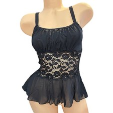 Black Lace Sheer Babydoll Top With Adjustable Straps - Size S