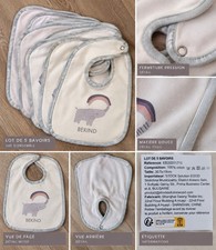 BEKIND Lot de 5 bavoirs bébé coton à pressions blanc/gris thème éléphant