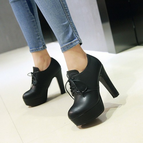 Women Chunky High Heels Lace Up Round Toe Ankle Boots Platform Shoes Boot Casual - Bild 12 von 19