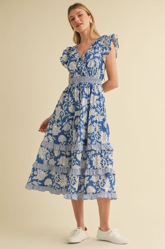 Vestido midi para mujer &Merci floral con cuello en V dobladillo en capas en azul/blanco - Imagen 3 de 8