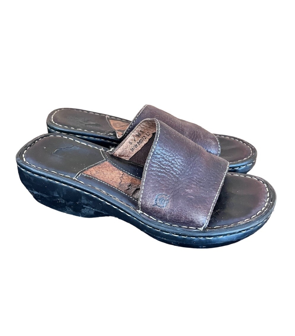 Born Slip On Sandals Open Toe Leather Slide Wood Grain Heel  display picture 2