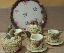 COLLECTIBLE PORCELIAN RESIN MINIATURE BIRDS NEST TEA SET WITH SUGAR & CREAMER