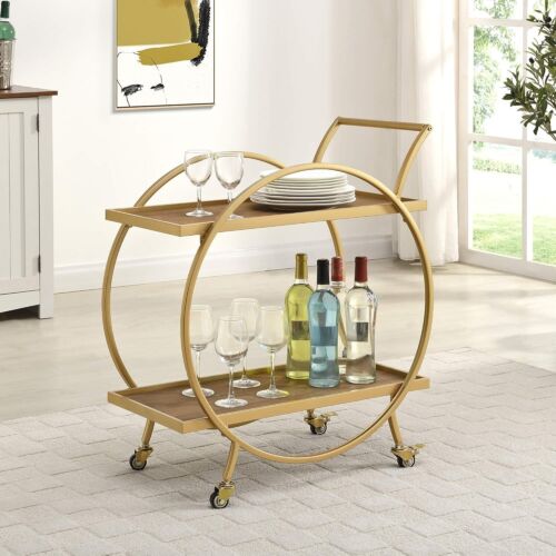 Modern Gold Bar Cart with Engineered Wood Shelves - 2 Tier & Easily Maneuverable - Picture 3 of 9