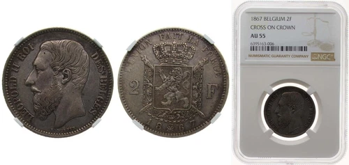 Belgium 1867 2 Francs Silver 835 NGC AU 55