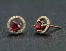 2Ct Round Cut Halo Lab Created Red Ruby Stud Earrings 14k Yellow Gold Plated