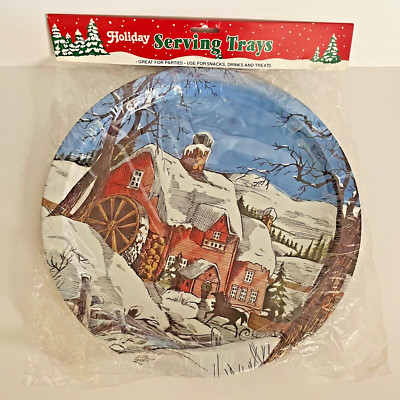 Vtg Christmas 1989  #1 Winter Scene 13'' Collectible Round Tin Serving Tray Platt