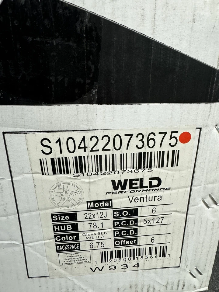 Staggered WELD RACING Ventura S104 22x8.5 & 22X12 5X127 Gloss Black Milled Chevy - Image 3 of 4