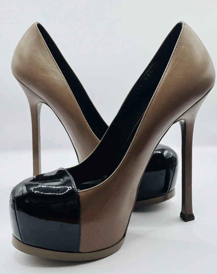 NUOVA YSL Yves Saint Laurent cammello nero punta plateau scarpa tacco a spillo 7 5 38 5