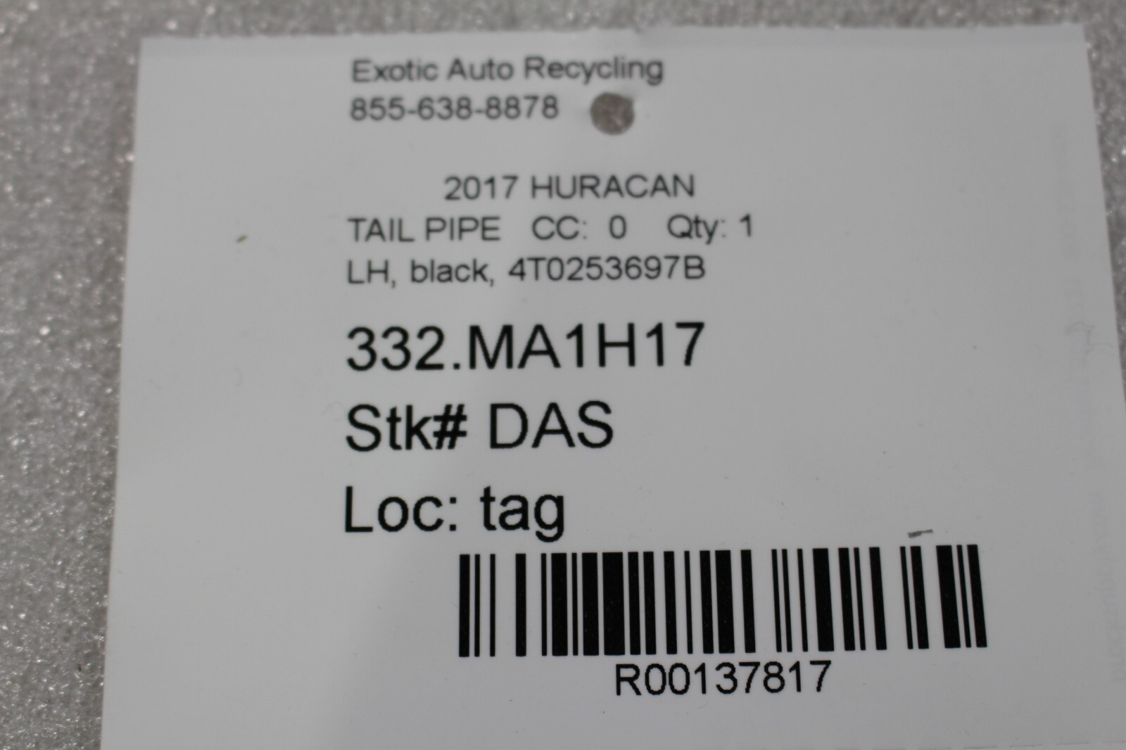 Lamborghini Huracan LP610, LH, Left, Tail Pipe, Black, Used, P/N 4T0253697B