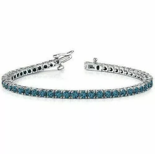 5Ct 4MM Round Cut Lab Created Blue Diamond Tennis Bracelet 14K White Gold Plated