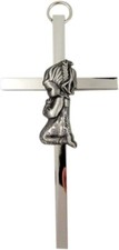 Silver Tone Praying Girl First Communion Cross 4 Inch